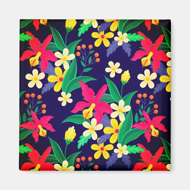 Färgglada Exotiska Blommor Blad Mönster-23021 Magnet (Framsidan)