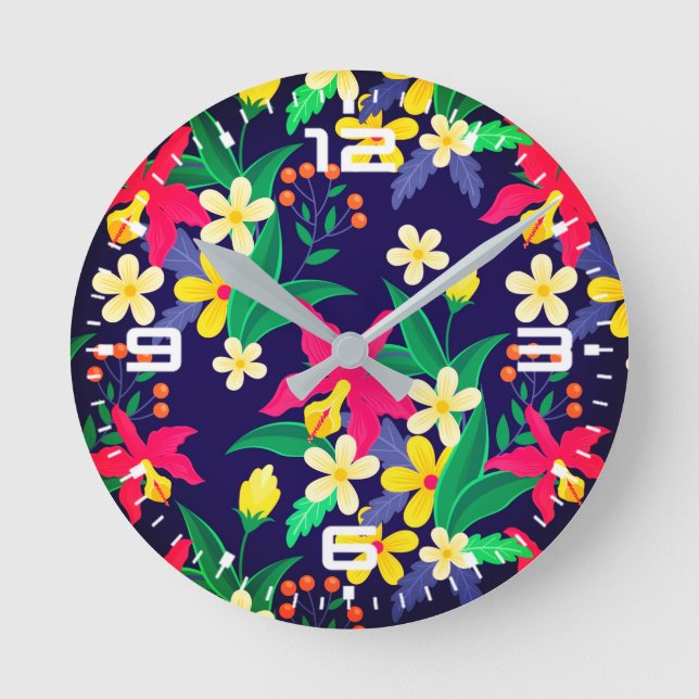 Färgglada Exotiska Blommor Blad Mönster-23021 Rund Klocka (Framsida)