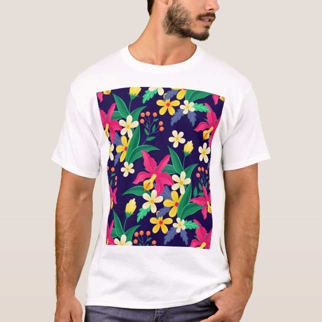 Färgglada exotiska blommor blad mönster-23021 t shirt (Framsida)
