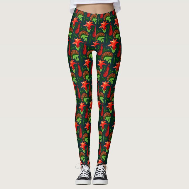 Färgglada Exotiska Blommor Blad Mönster Leggings (Framsida)