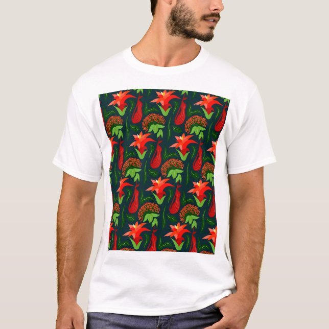 Färgglada Exotiska Blommor Blad Mönster T Shirt (Framsida)