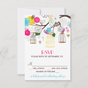 Färgglada Fågelburar och Blommor Bröllop RSVP-kort OSA Kort