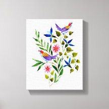 Färgglada Fåglar och Blommor Akvarell