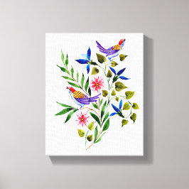Färgglada Fåglar och Blommor Akvarell Canvastryck