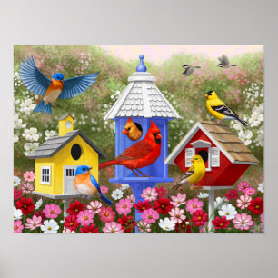 Färgglada Fåglar och Fågelhus Blomsterträdgård Poster