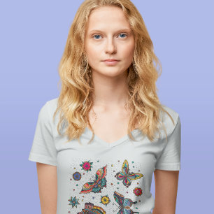 Färgglada Fjärilar Blommor Sommar Tid V-ringad T Shirt