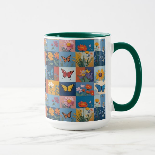 Färgglada Fjärilar Och Vilda Blommor Lappteknik Mugg (Höger)
