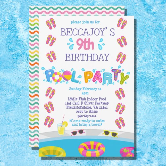 Färgglada Flickors Flip Flops Splash Pool Party Inbjudningar (Skapare uppladdad)