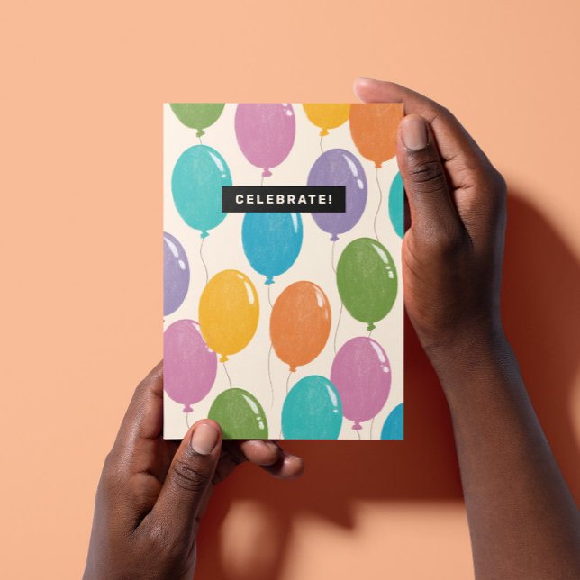 Färgglada Födelsedagsballonger att Fira Kort ("Celebrate!" inside a black box over background colorful illustrated balloons flying upward)