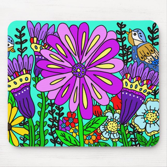 Färgglada folkkonst stil Fåglar och blommor   Musmatta (Framsidan)