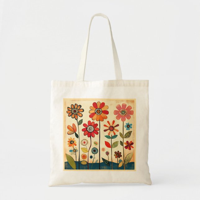 Färgglada folkloristiska konstblommor tygkasse (Framsidan)