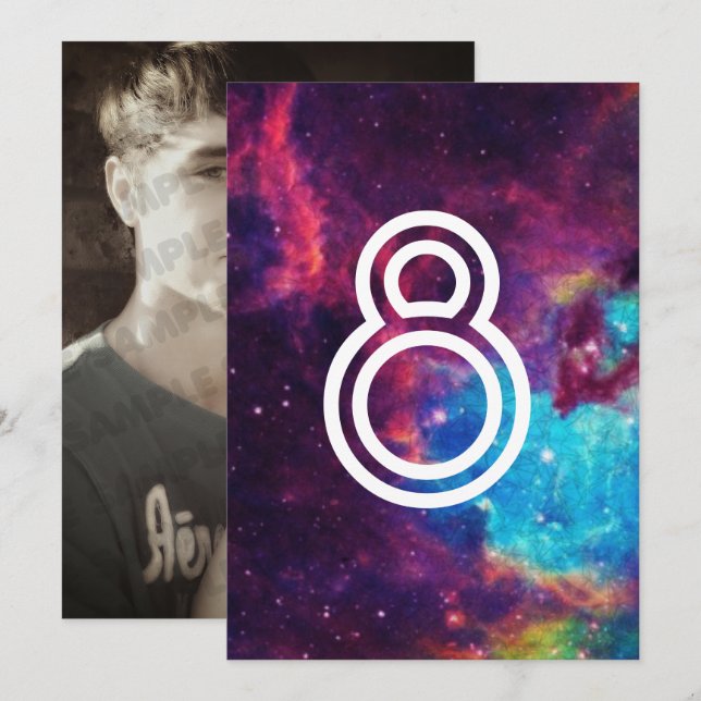 Färgglada fotogalax bröllopsbord nummer inbjudningar (Fram/baksida)