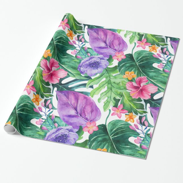 Färgglada frodiga tropiska blommor och blad collag presentpapper (Utrullad)