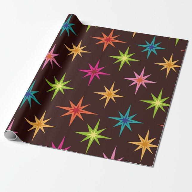 Färgglada Funky Mid Century Atomära Stjärnexplosio Presentpapper (Utrullad)