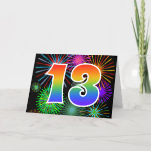 Färgglada Fyrverkerier + Regnbågsmönster "13" Even Kort
