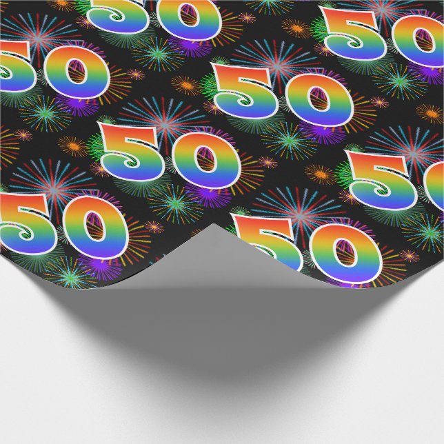 Färgglada Fyrverkerier + Regnbågsmönster "50" Even Presentpapper (Hörn)