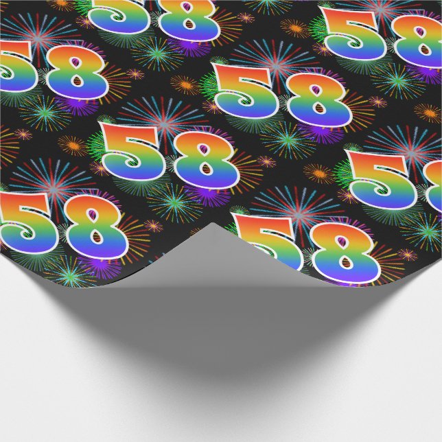 Färgglada fyrverkerier + regnbågsmönster "58" Even Presentpapper (Hörn)