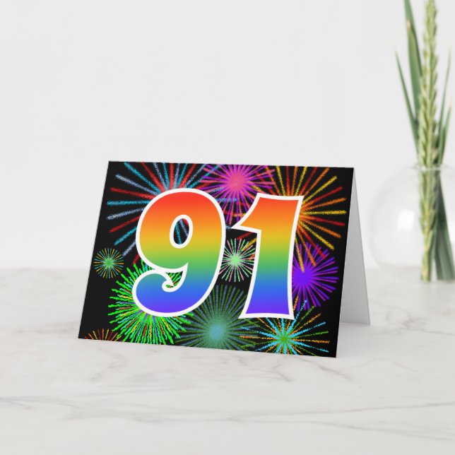 Färgglada fyrverkerier + regnbågsmönster "91" Even Kort (Framsida)
