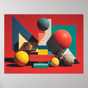 Färgglada geometriska former på röd bakgrund poster