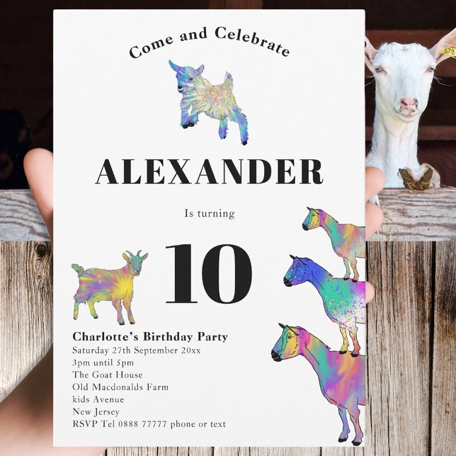 Färgglada getter 10-års födelsedagsfest inbjudningar (Cute Goat themed colorful farm animal art 10th birthday party invitation )