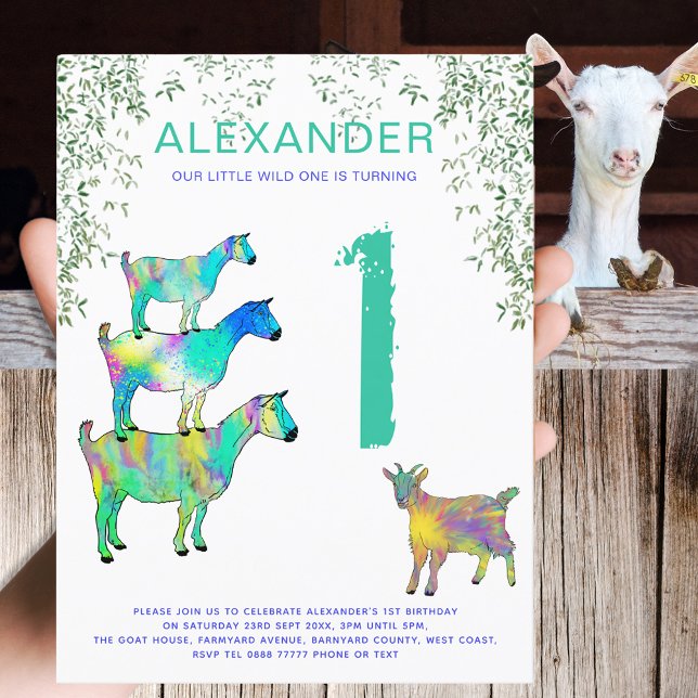 Färgglada getter 1-års födelsedagsfest vilda en inbjudan vykort (Colorful goats 1st birthday party invitation )
