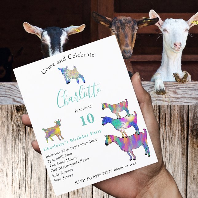 Färgglada getter gårdsdjur 10-års födelsedagsbudge (Colorful goats farm animal 10th birthday party budget invitation with watercolor animal art)