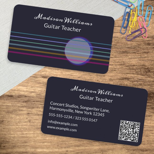 Färgglada gitarrsträngar musiklärare visitkort (A modern business card for the guitar teacher, with custom QR code, contact info and strings design)