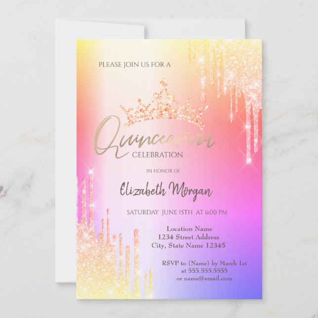 Färgglada glitterdroppar krona Quinceañera Inbjudningar (Framsida)
