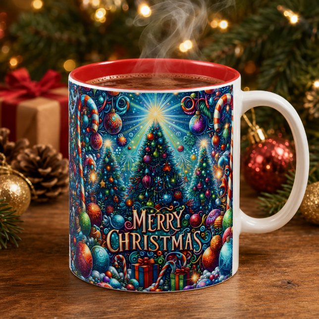 Färgglada God Jul Dekorerade Träd Två-Tonad Mugg (Skapare uppladdad)