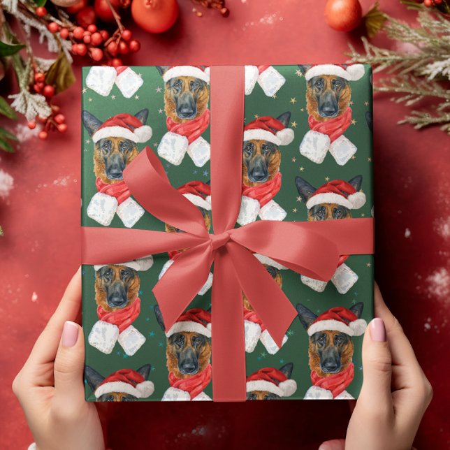 Färgglada Gröna Stjärnor Tysk Shepherd Jul Presentpapper (Skapare uppladdad)
