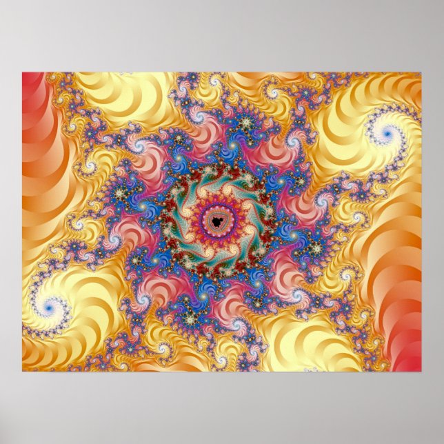 Färgglada gula spiraler Mandelbrot Poster (Framsidan)