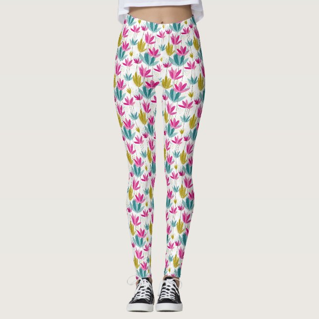 Färgglada Handmålade Bladtryck Leggings (Framsida)
