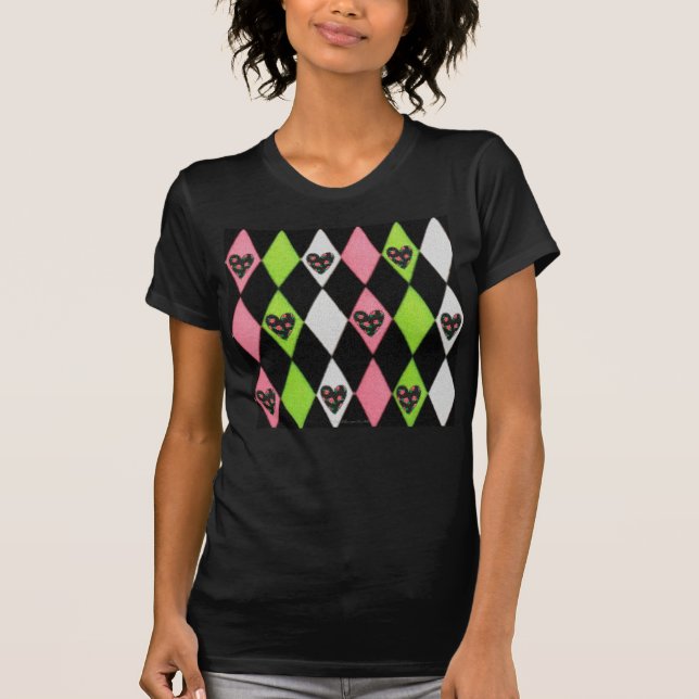 Färgglada Harlekinutskrifter med Rosa Hjärtan T-Sh T Shirt (Framsida)
