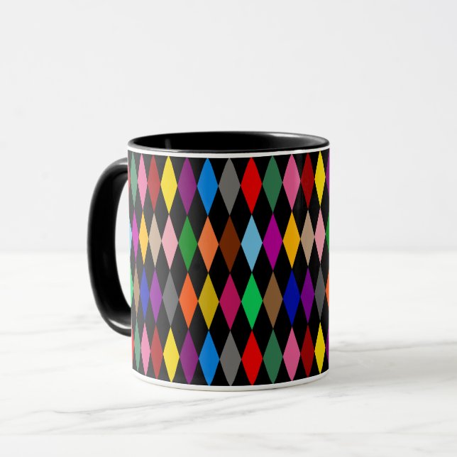 Färgglada Harlequin-diamanter Design Svart  Mugg (Framsida vänster)