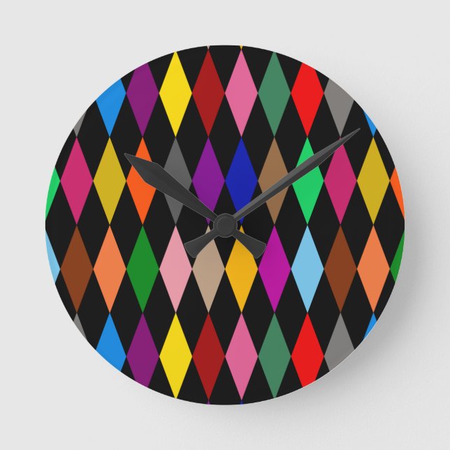 Färgglada Harlequin-diamanter Design Svart  Rund Klocka (Framsida)