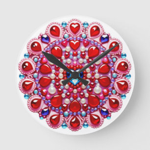 Färgglada hjärtjuveler Mandala-design Rund Klocka