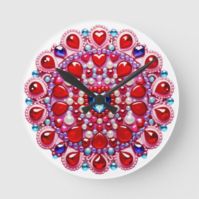 Färgglada hjärtjuveler Mandala-design Rund Klocka (Framsida)