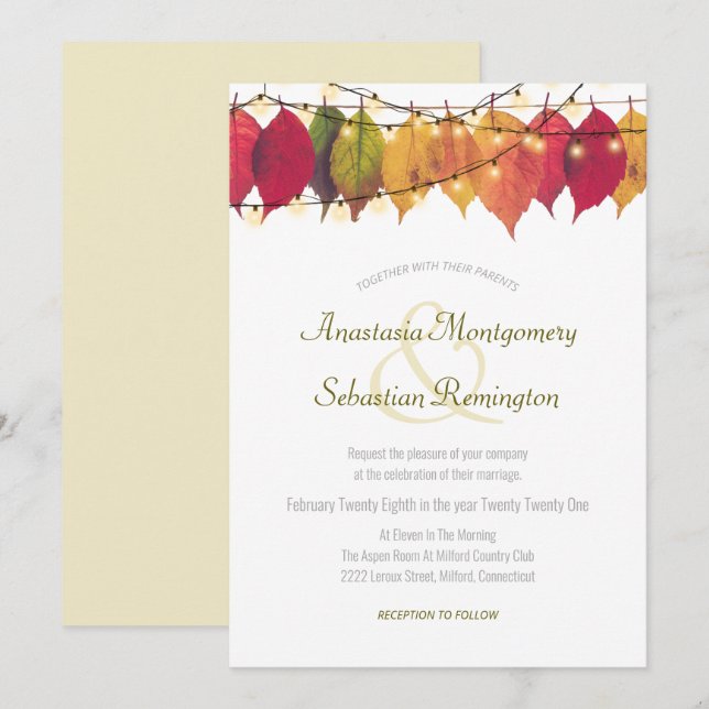 Färgglada höstlövsljus för bröllopsceremoni inbjudningar (Fram/baksida)