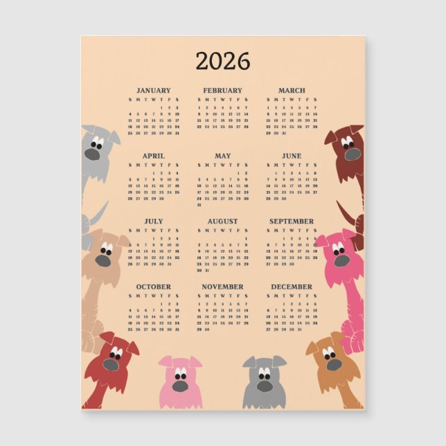 Färgglada Hundar 2026 Kalender Magnetkort (Framsida)