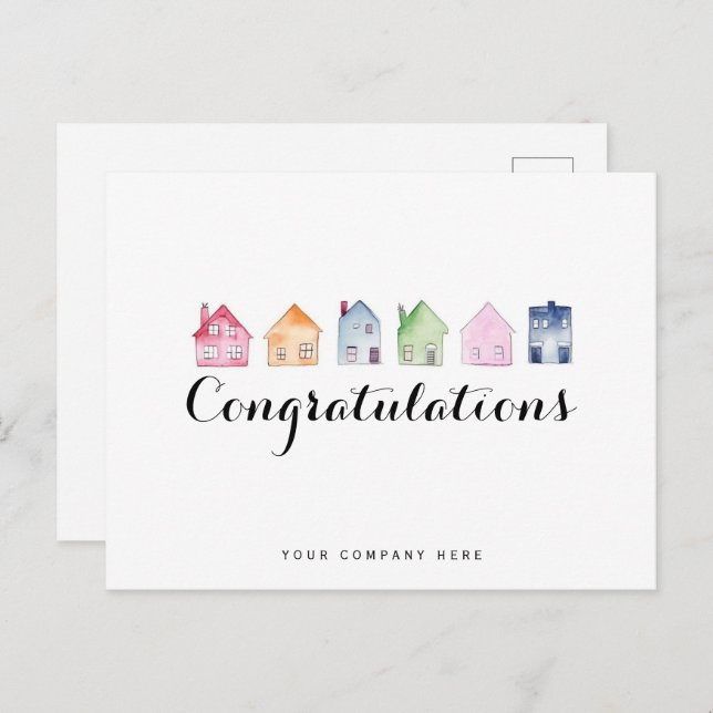 Färgglada hus Grattis Fastigheter Ny husägare Vykort (Fram/baksida)