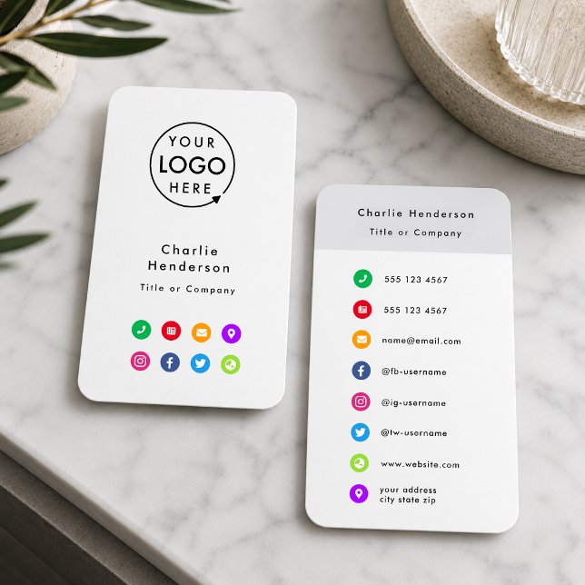 Färgglada Ikoner | Sociala Medier Modern Logo Visitkort (Create a professional look with this vertical white business card design with custom colorful icons.)