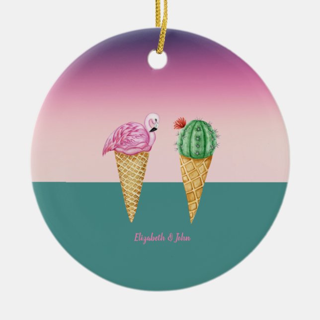 Färgglada isglassar Kaktus Rosa Flamingos Julgransprydnad Keramik (Framsidan)