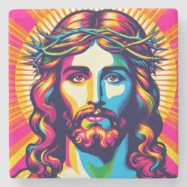 Färgglada Jesus-coasters. Stenunderlägg