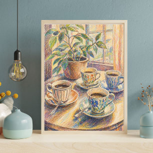 Färgglada kaffekoppar Stilleben konsttryck, Mysigt Poster