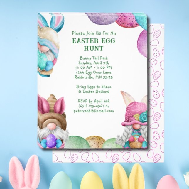 Färgglada kanin-gnomer Påskäggsjakt inbjudan Flygblad (Colorful Bunny Gnomes Easter Egg Hunt Invitation Flyer)