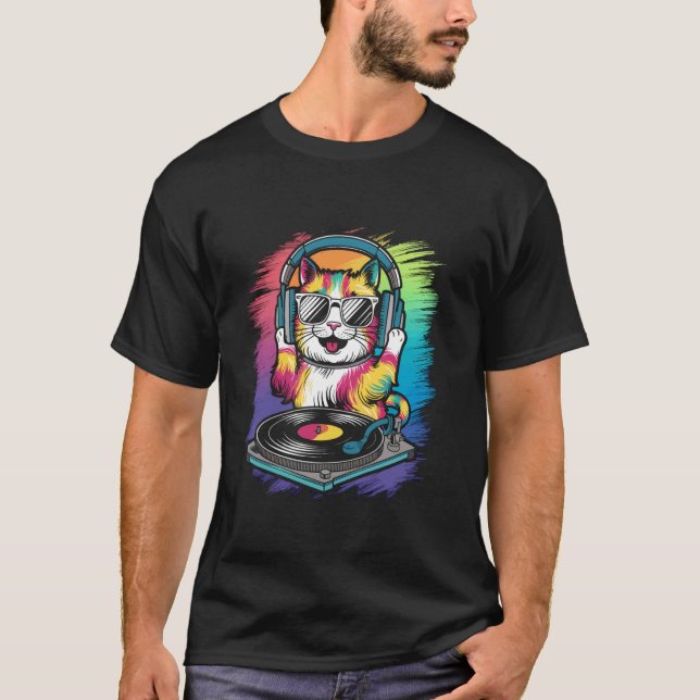 Färgglada katt solglasögon hörlurar t shirt (Framsida)