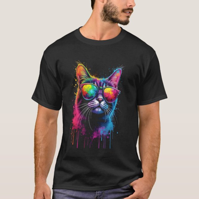 Färgglada katt solglasögon t shirt (Framsida)