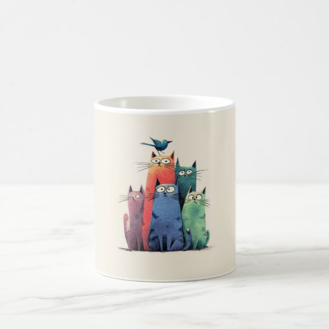 Färgglada katter staplade – söta fantasifulla katt kaffemugg (Center)