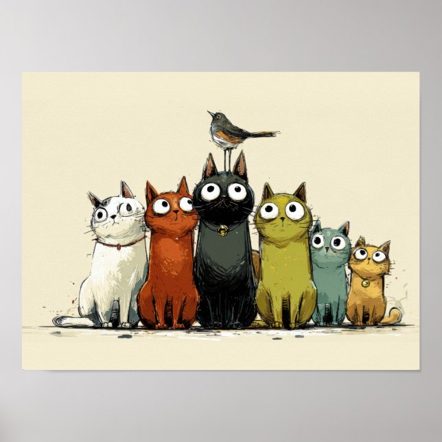 Färgglada Kattgrupp – Söt Whimsical Kattkonst Poster (Framsidan)