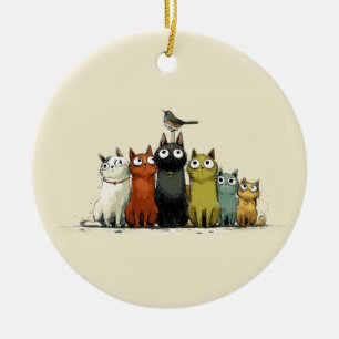 Färgglada Kattrupp – Sött Whimsical Kattkonst Julgransprydnad Keramik